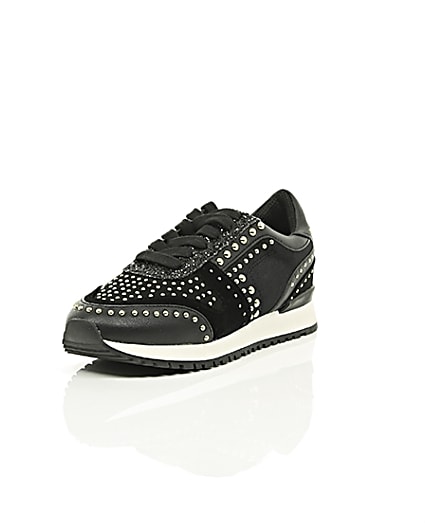 360 degree animation of product Black studded runner trainers frame-1