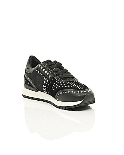 360 degree animation of product Black studded runner trainers frame-6