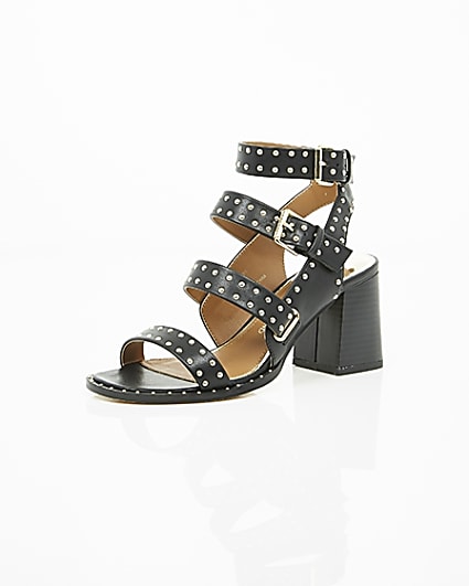 360 degree animation of product Black studded strappy block heel sandals frame-0