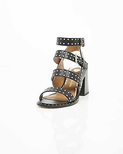 360 degree animation of product Black studded strappy block heel sandals frame-2