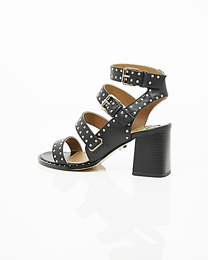 360 degree animation of product Black studded strappy block heel sandals frame-20