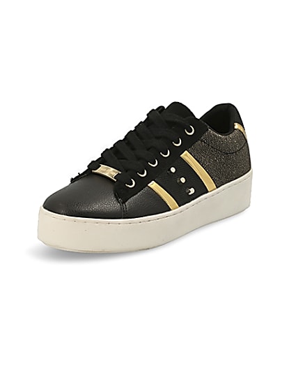 360 degree animation of product Black studded stripe side lace-up trainers frame-0