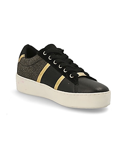 360 degree animation of product Black studded stripe side lace-up trainers frame-18
