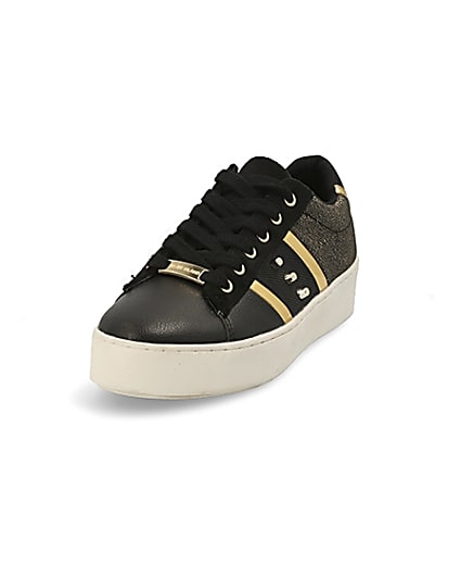 360 degree animation of product Black studded stripe side lace-up trainers frame-23