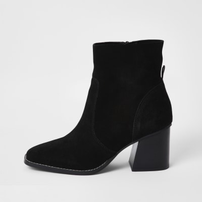 Black suede block heel ankle boots | River Island