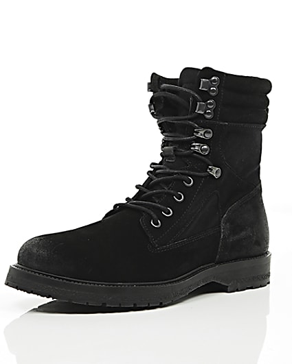 360 degree animation of product Black suede combat boots frame-0