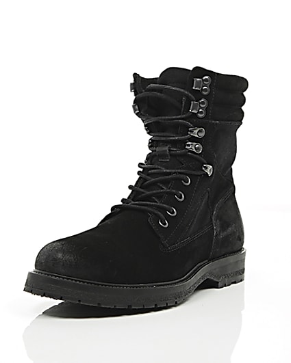 360 degree animation of product Black suede combat boots frame-1