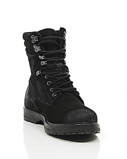 360 degree animation of product Black suede combat boots frame-5