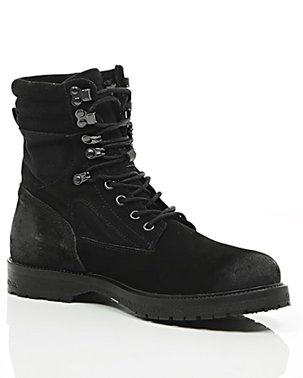 360 degree animation of product Black suede combat boots frame-7