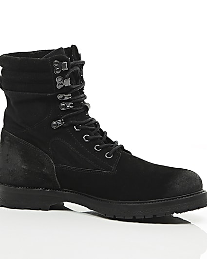 360 degree animation of product Black suede combat boots frame-8