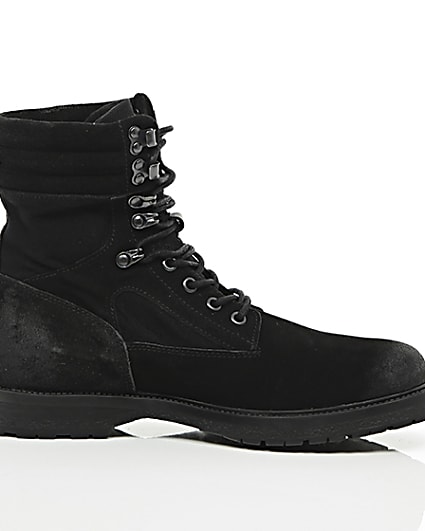 360 degree animation of product Black suede combat boots frame-9