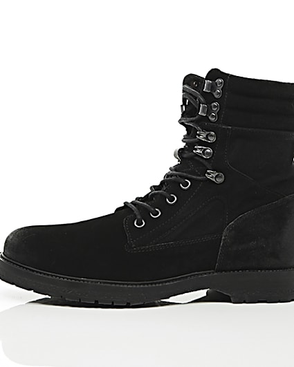 360 degree animation of product Black suede combat boots frame-22