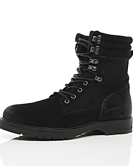 360 degree animation of product Black suede combat boots frame-23