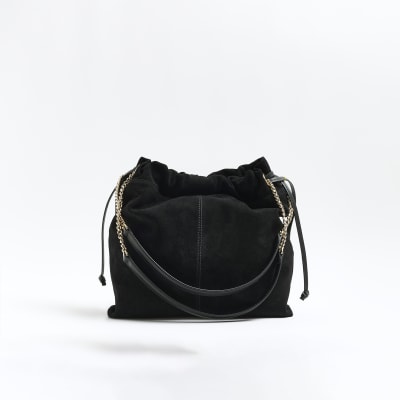 Black Suede Drawstring Shoulder Bag