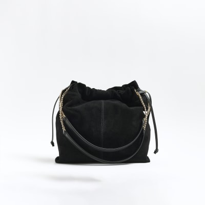 Black Suede Drawstring Shoulder Bag