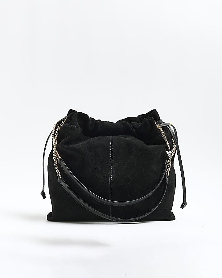 Black suede drawstring shoulder bag