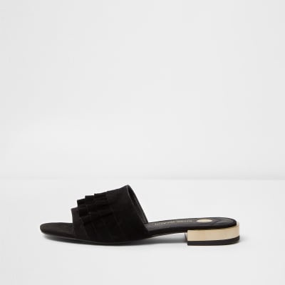 Black suede frill mules