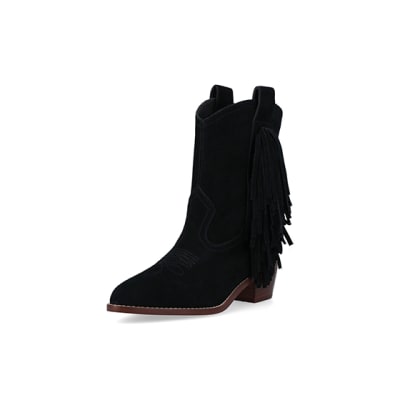 360 degree animation of product Black suede fringe detail western boots frame-0