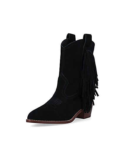 360 degree animation of product Black suede fringe detail western boots frame-0
