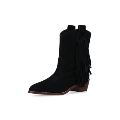 360 degree animation of product Black suede fringe detail western boots frame-1