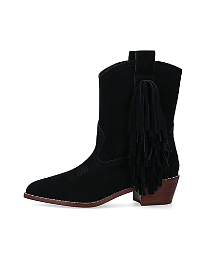 360 degree animation of product Black suede fringe detail western boots frame-3