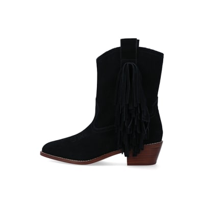 360 degree animation of product Black suede fringe detail western boots frame-4