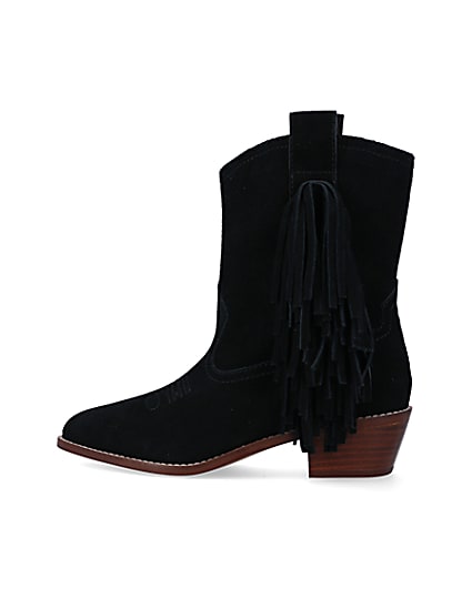 360 degree animation of product Black suede fringe detail western boots frame-4