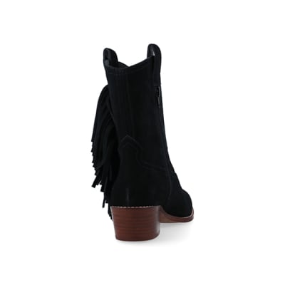 360 degree animation of product Black suede fringe detail western boots frame-10