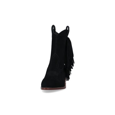 360 degree animation of product Black suede fringe detail western boots frame-22