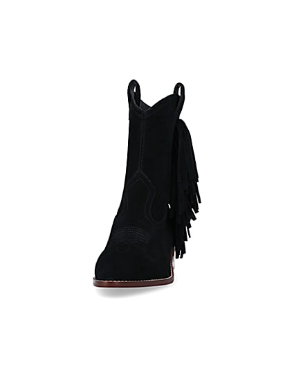 360 degree animation of product Black suede fringe detail western boots frame-22