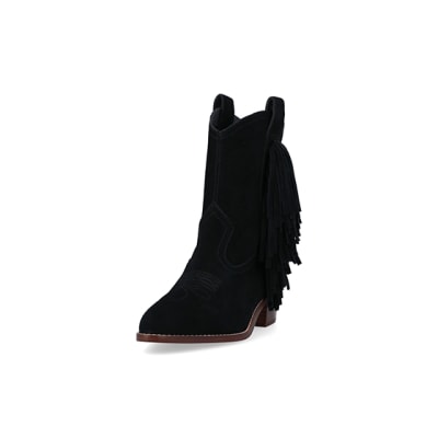 360 degree animation of product Black suede fringe detail western boots frame-23