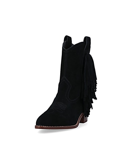 360 degree animation of product Black suede fringe detail western boots frame-23