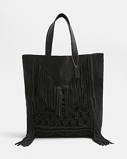 Black suede fringe shopper bag