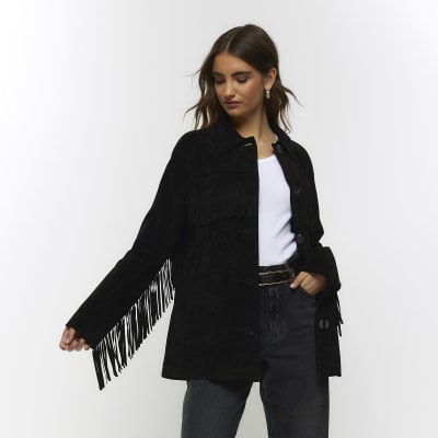 Black suede fringed Jacket | River Island