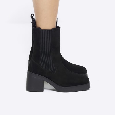 Black suede heeled chelsea boots River Island