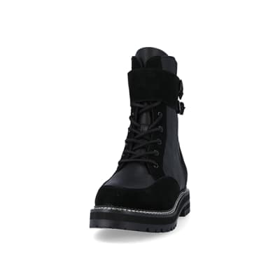360 degree animation of product Black suede lace up ankle boots frame-22