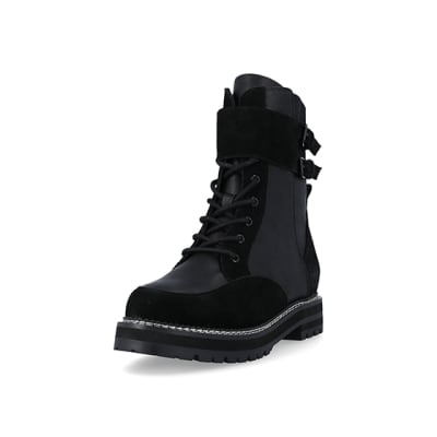 360 degree animation of product Black suede lace up ankle boots frame-23