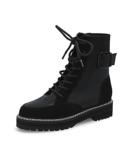 360 degree animation of product Black suede lace-up chunky biker boots frame-1