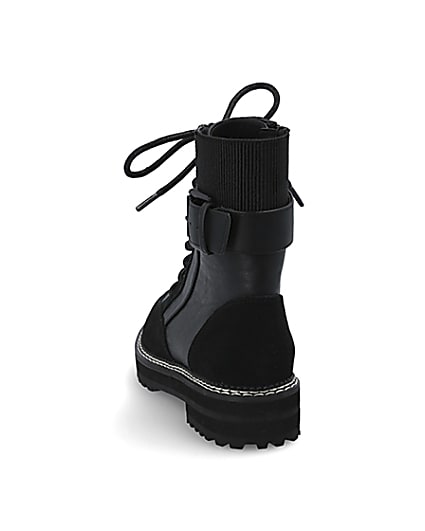 360 degree animation of product Black suede lace-up chunky biker boots frame-8