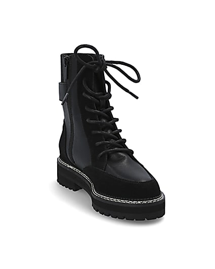 360 degree animation of product Black suede lace-up chunky biker boots frame-19
