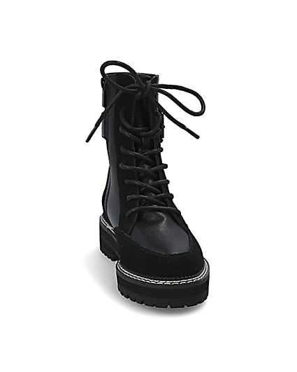 360 degree animation of product Black suede lace-up chunky biker boots frame-20