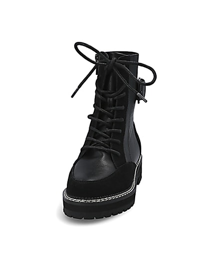 360 degree animation of product Black suede lace-up chunky biker boots frame-22