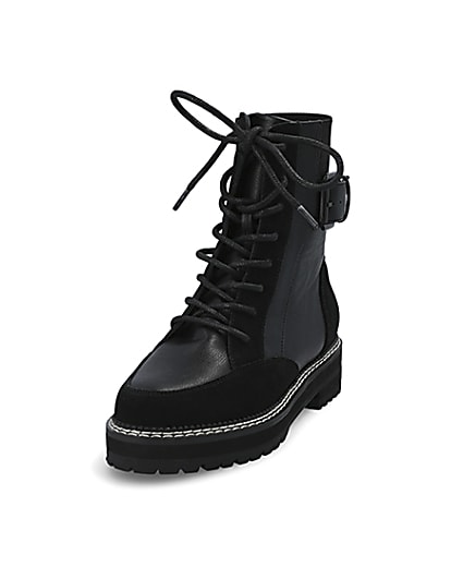 360 degree animation of product Black suede lace-up chunky biker boots frame-23