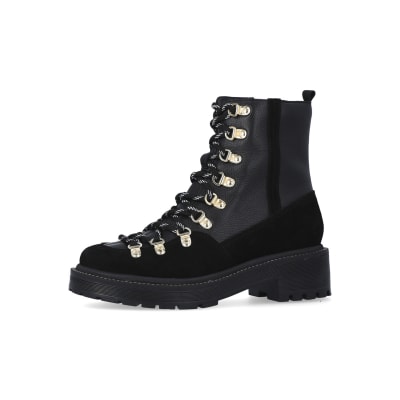 360 degree animation of product Black suede lace up hiker boots frame-2