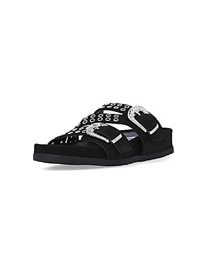 360 degree animation of product Black suede sandals frame-0