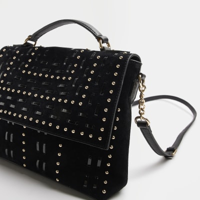 Black suede studded cross body bag River Island