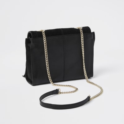Black suede studded fringe detail handbag