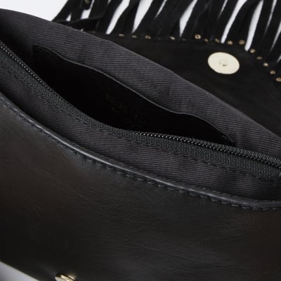 Black suede studded fringe detail handbag