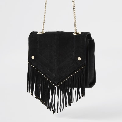 Black suede studded fringe detail handbag