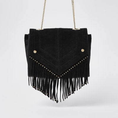 Black suede studded fringe detail handbag